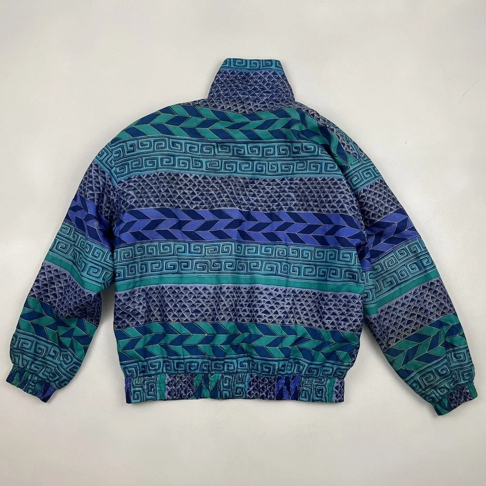 VTG Kim Rogers Colorful 100% Silk Windbreaker Jacket Size PS SP Geometric Aztec